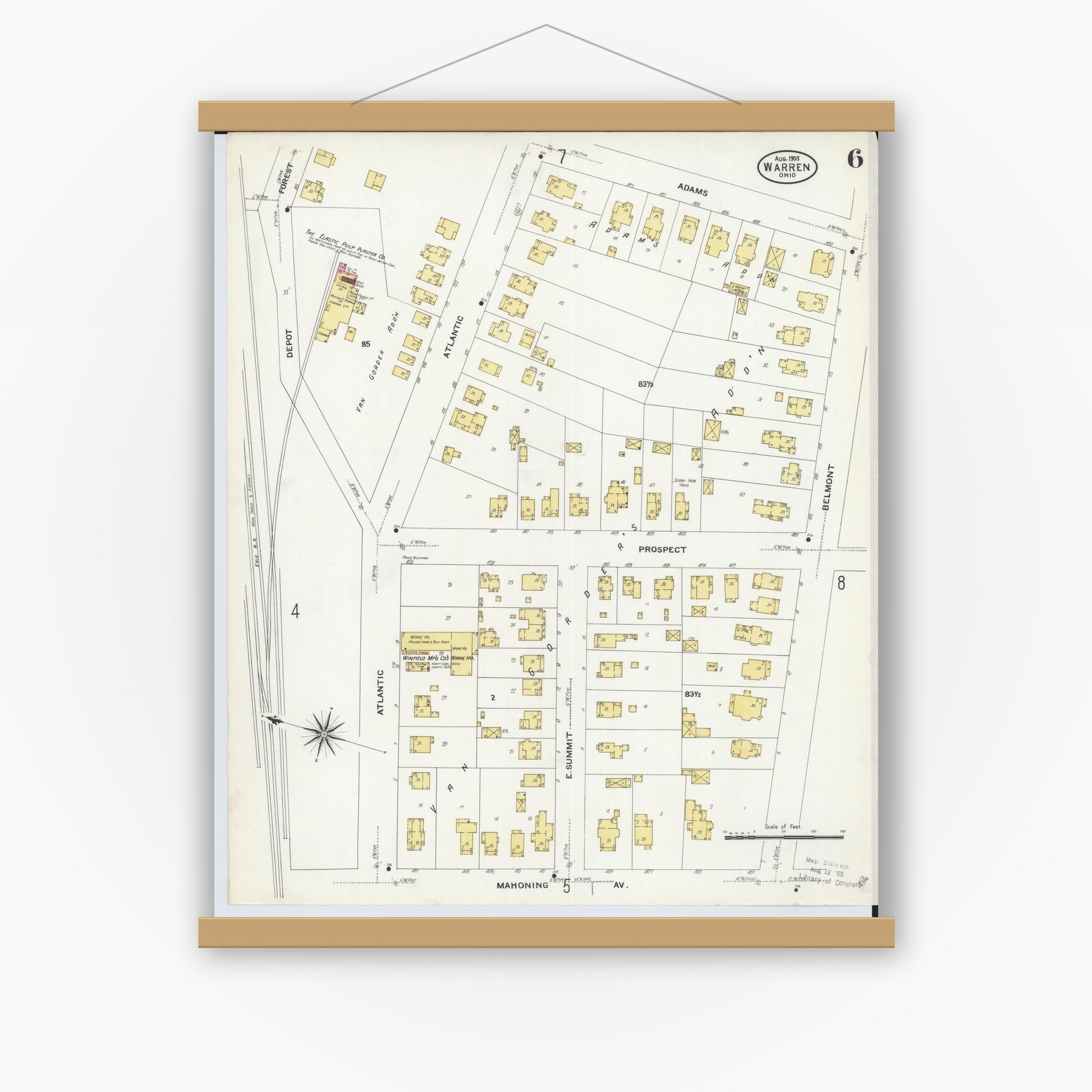 Old map wall art mockup — magnetic wood frame on white wall — Sanborn Fire Insurance Map from Warren, Trumbull County, Ohio (1908), Sheet #0006