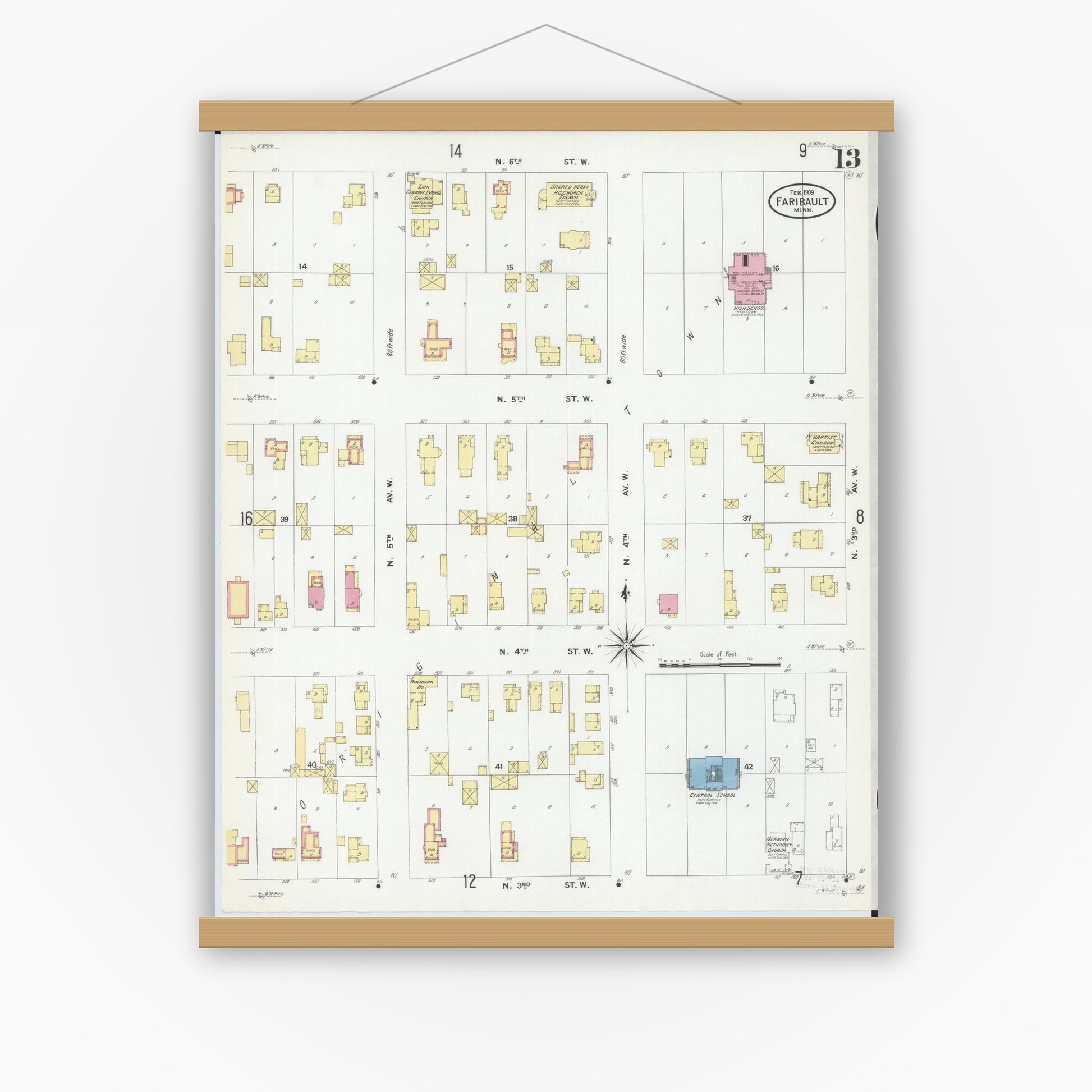 Old map wall art mockup — magnetic wood frame on white wall — Sanborn Fire Insurance Map from Faribault, Rice County, Minnesota (1909), Sheet #0013