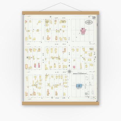 Old map wall art mockup — magnetic wood frame on white wall — Sanborn Fire Insurance Map from Faribault, Rice County, Minnesota (1909), Sheet #0013