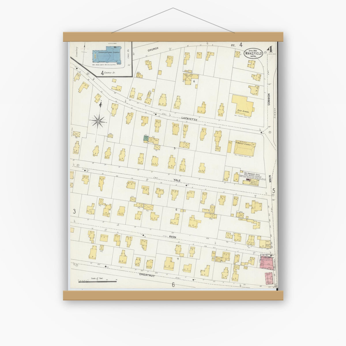 Old map wall art mockup — magnetic wood frame on white wall — Sanborn Fire Insurance Map from Wakefield, Middlesex County, Massachusetts (1903), Sheet #0004
