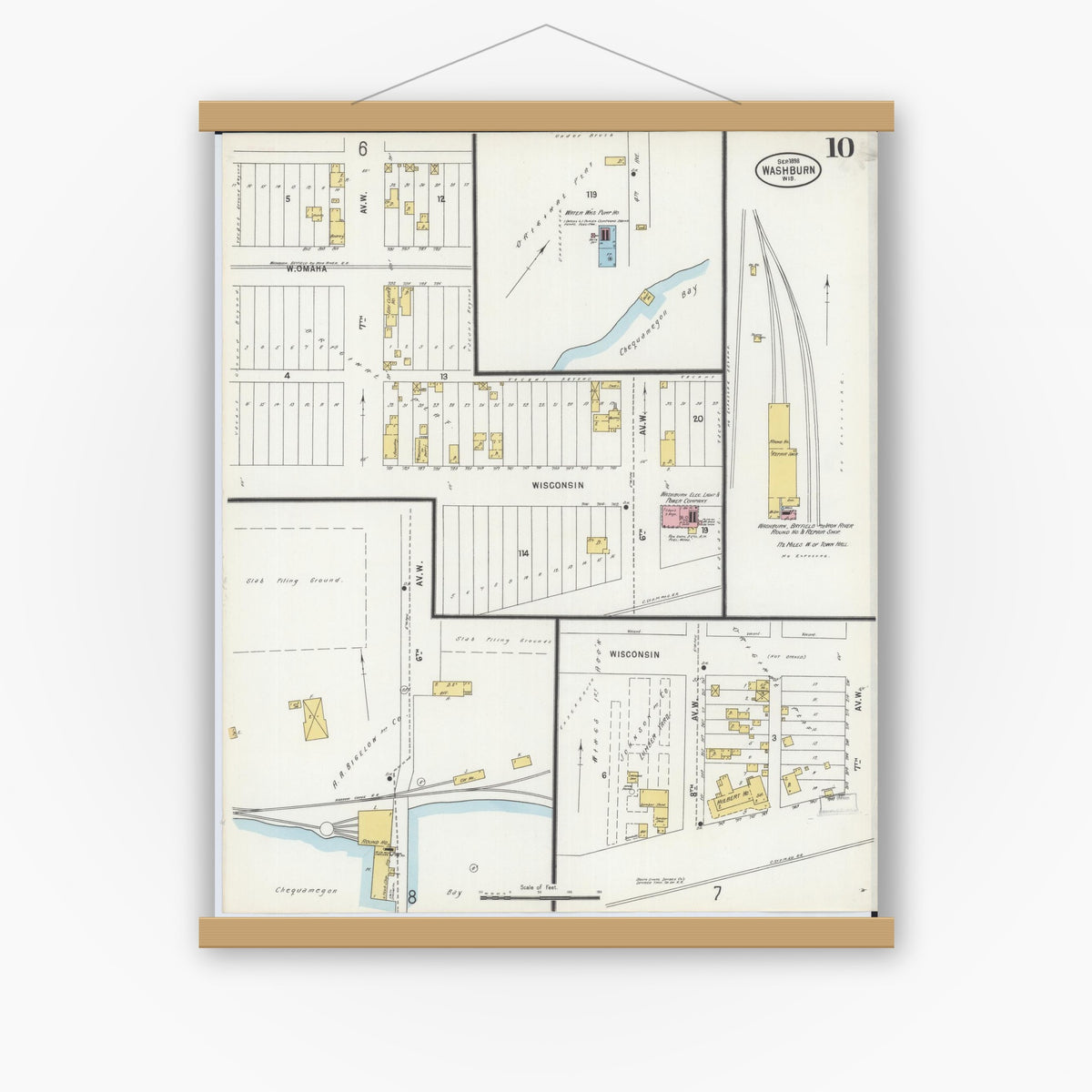 Old map wall art mockup — magnetic wood frame on white wall — Sanborn Fire Insurance Map from Washburn, Bayfield County, Wisconsin (1898), Sheet #0010