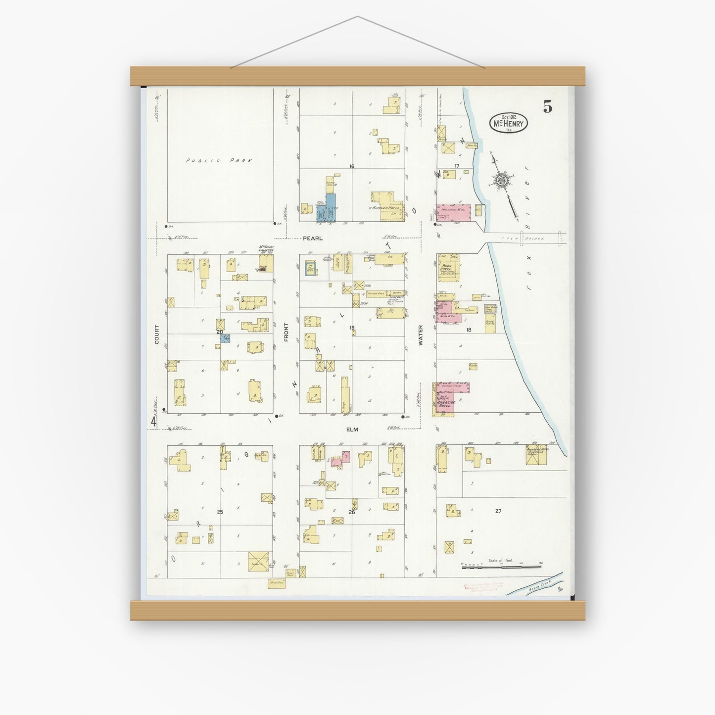 Old map wall art mockup — magnetic wood frame on white wall — Sanborn Fire Insurance Map from McHenry, McHenry County, Illinois (1912), Sheet #0005