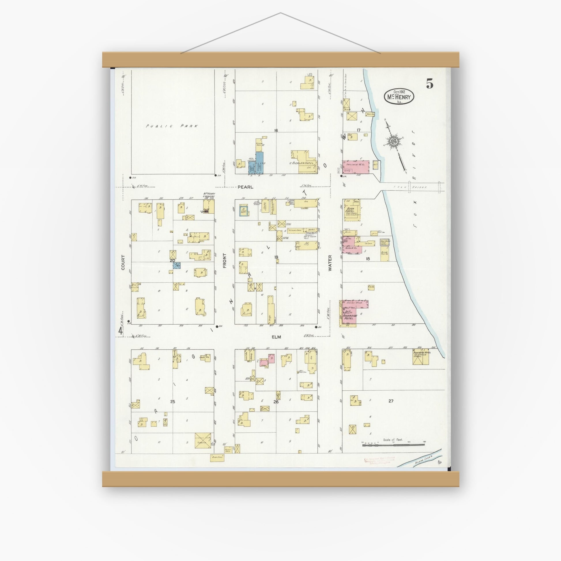 Old map wall art mockup — magnetic wood frame on white wall — Sanborn Fire Insurance Map from McHenry, McHenry County, Illinois (1912), Sheet #0005