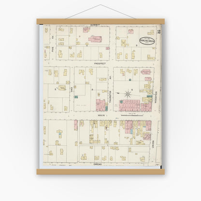 Old map wall art mockup — magnetic wood frame on white wall — Sanborn Fire Insurance Map from Bowling Green, Wood County, Ohio (1888), Sheet #0002