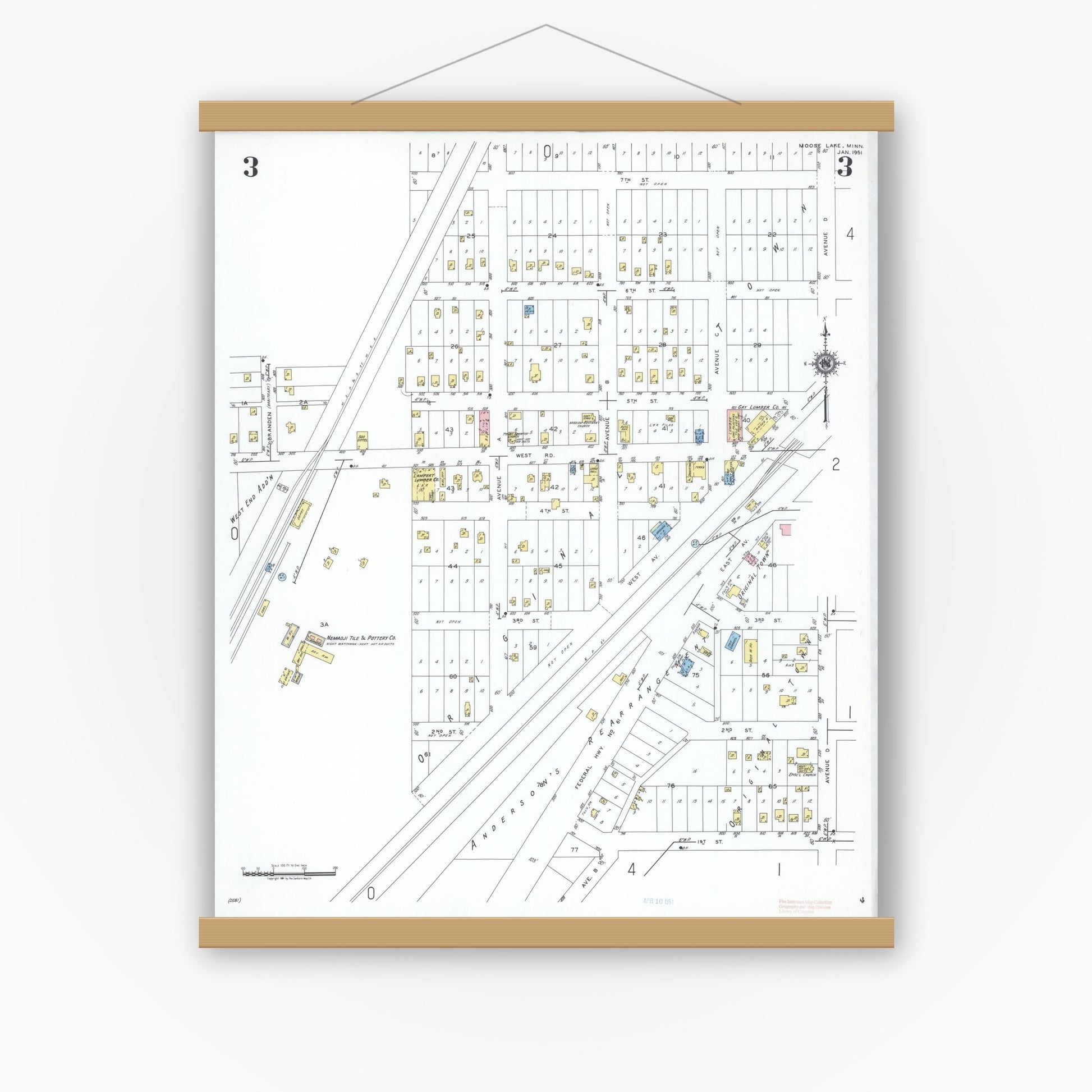 Old map wall art mockup — magnetic wood frame on white wall — Sanborn Fire Insurance Map from Moose Lake, Carlton County, Minnesota (1951), Sheet #0003