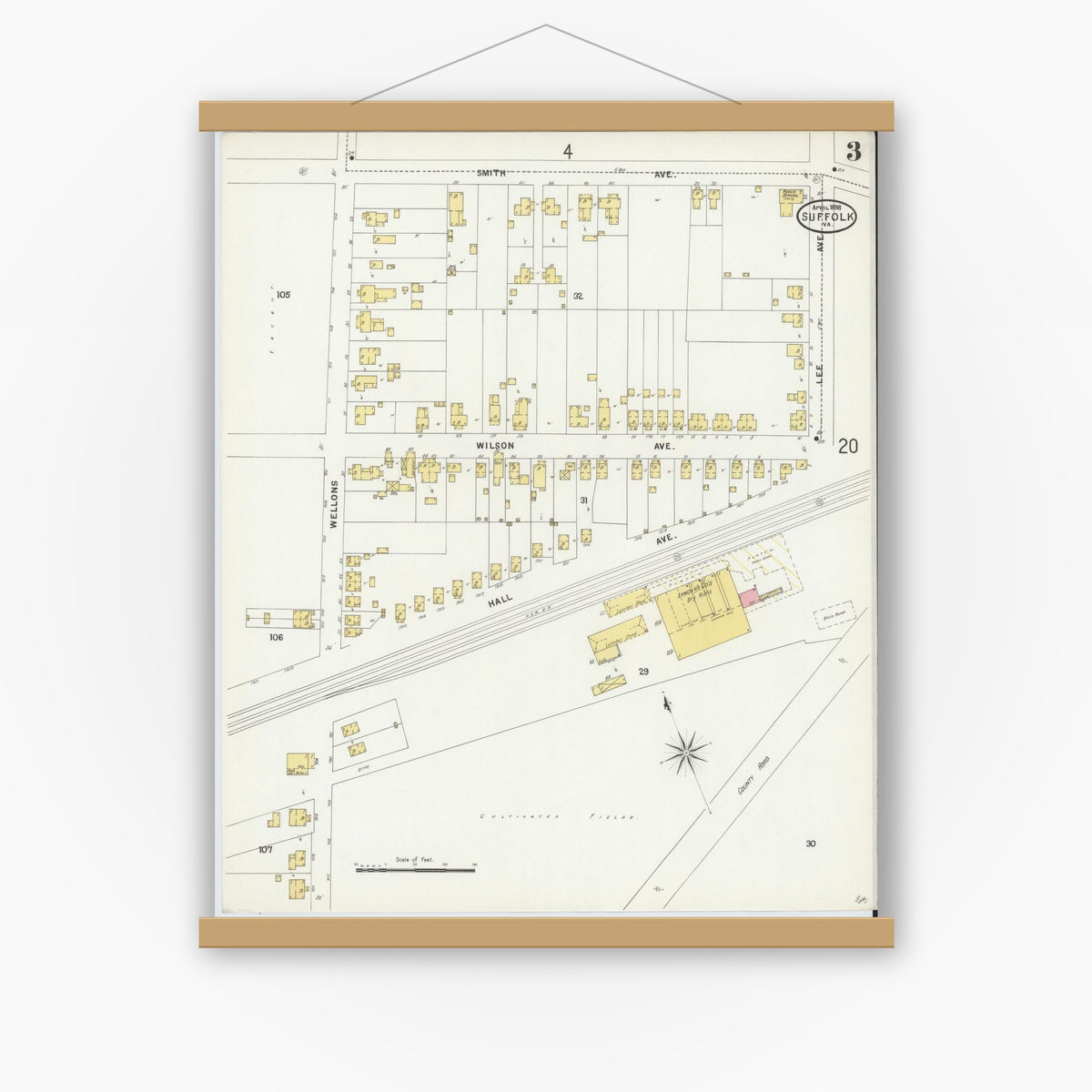 Old map wall art mockup — magnetic wood frame on white wall — Sanborn Fire Insurance Map from Suffolk, Independent Cities, Virginia (1898), Sheet #0003