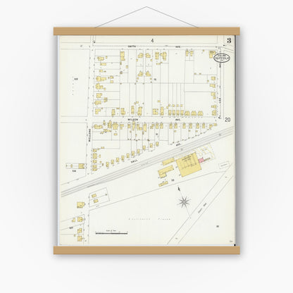 Old map wall art mockup — magnetic wood frame on white wall — Sanborn Fire Insurance Map from Suffolk, Independent Cities, Virginia (1898), Sheet #0003