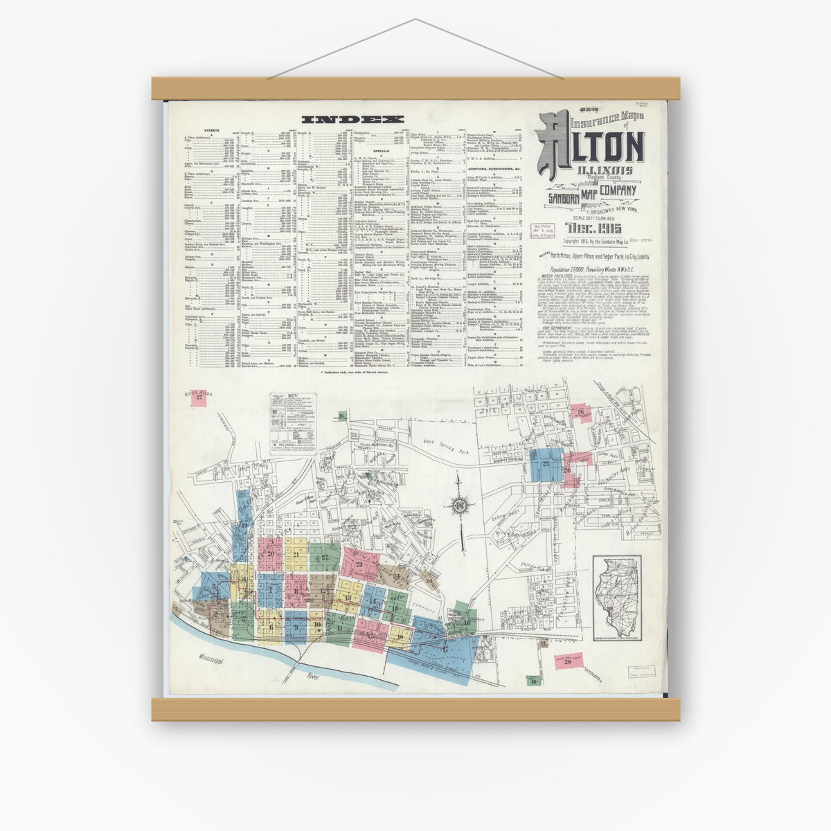 Old map wall art mockup — magnetic wood frame on white wall — Sanborn Fire Insurance Map from Alton, Madison County, Illinois (1915) - Complete Map Set