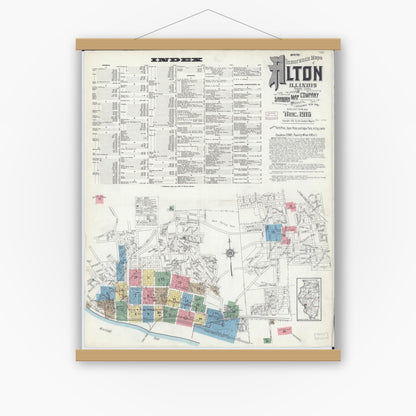 Old map wall art mockup — magnetic wood frame on white wall — Sanborn Fire Insurance Map from Alton, Madison County, Illinois (1915) - Complete Map Set