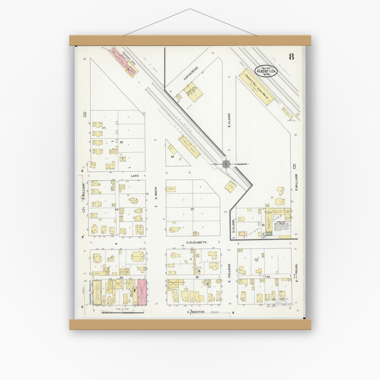 Old map wall art mockup — magnetic wood frame on white wall — Sanborn Fire Insurance Map from Albert Lea, Freeborn County, Minnesota (1910), Sheet #0008