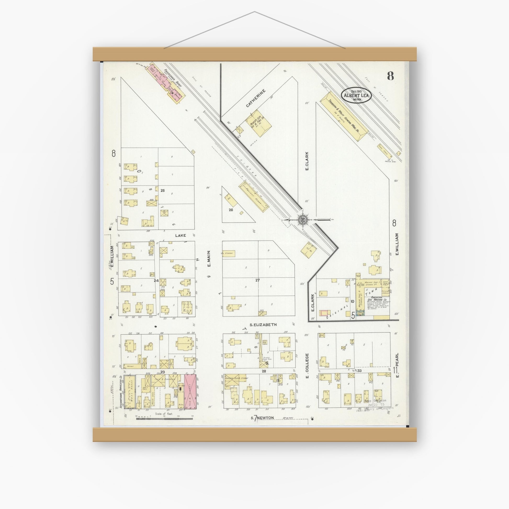 Old map wall art mockup — magnetic wood frame on white wall — Sanborn Fire Insurance Map from Albert Lea, Freeborn County, Minnesota (1910), Sheet #0008