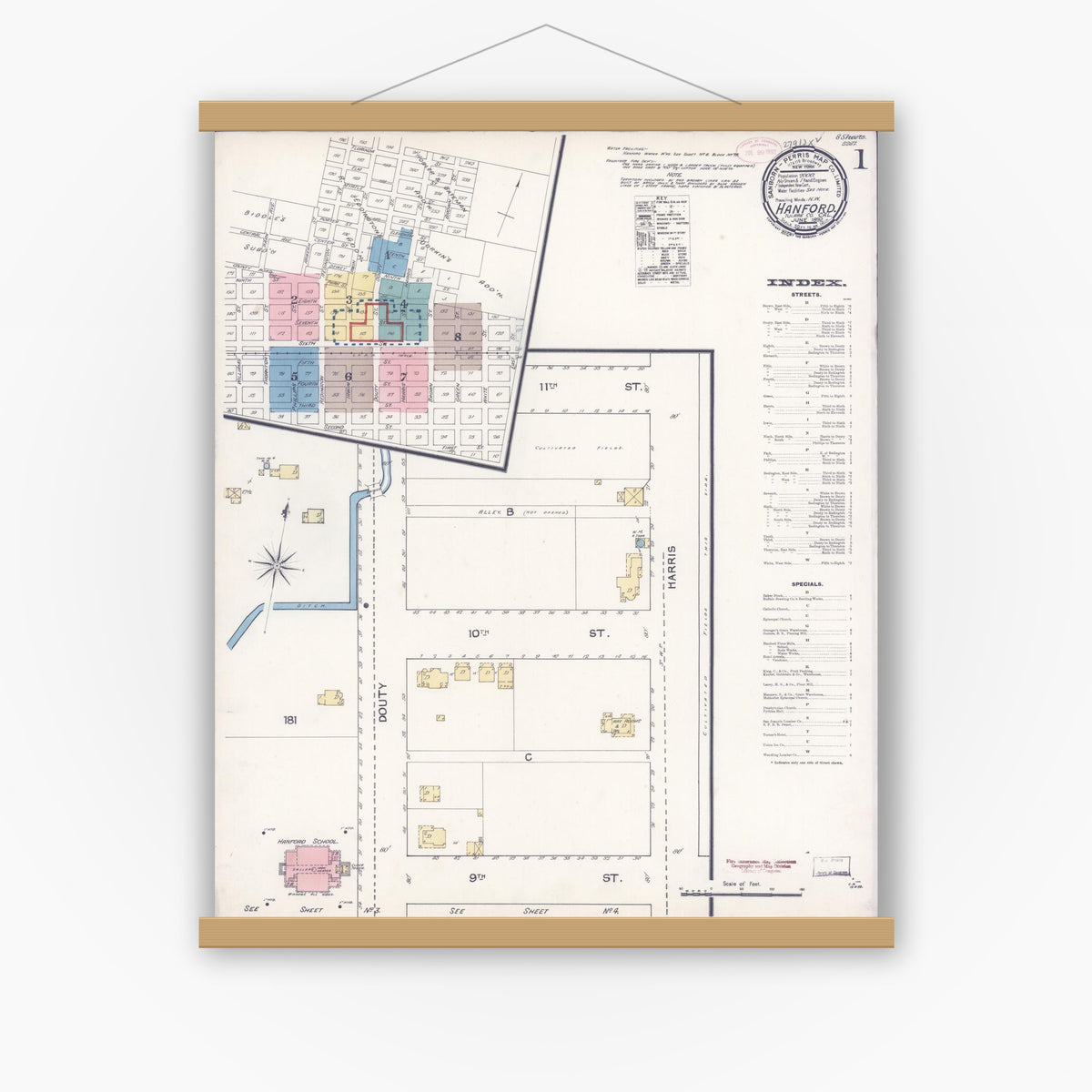 Old map wall art mockup — magnetic wood frame on white wall — Sanborn Fire Insurance Map from Hanford, Kings County, California (1892) - Complete Map Set