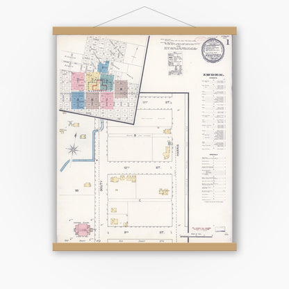 Old map wall art mockup — magnetic wood frame on white wall — Sanborn Fire Insurance Map from Hanford, Kings County, California (1892) - Complete Map Set