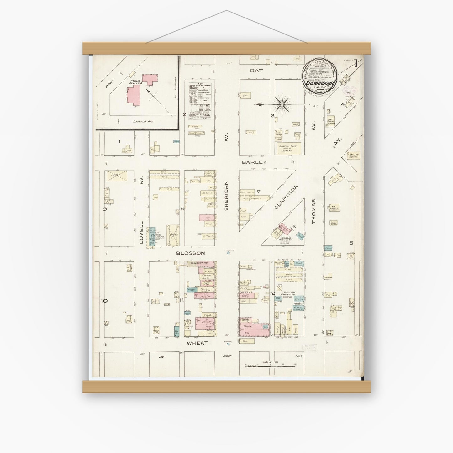 Old map wall art mockup — magnetic wood frame on white wall — Sanborn Fire Insurance Map from Shenandoah, Page County, Iowa (1886), Sheet #0001