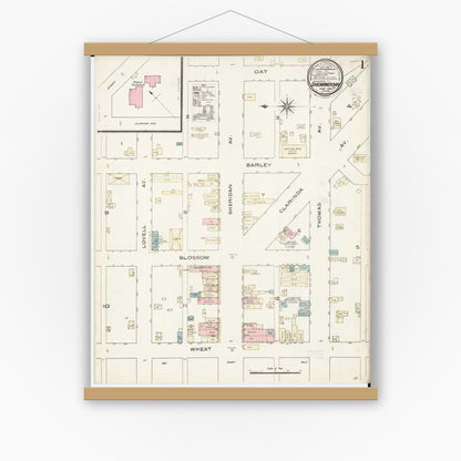Old map wall art mockup — magnetic wood frame on white wall — Sanborn Fire Insurance Map from Shenandoah, Page County, Iowa (1886), Sheet #0001