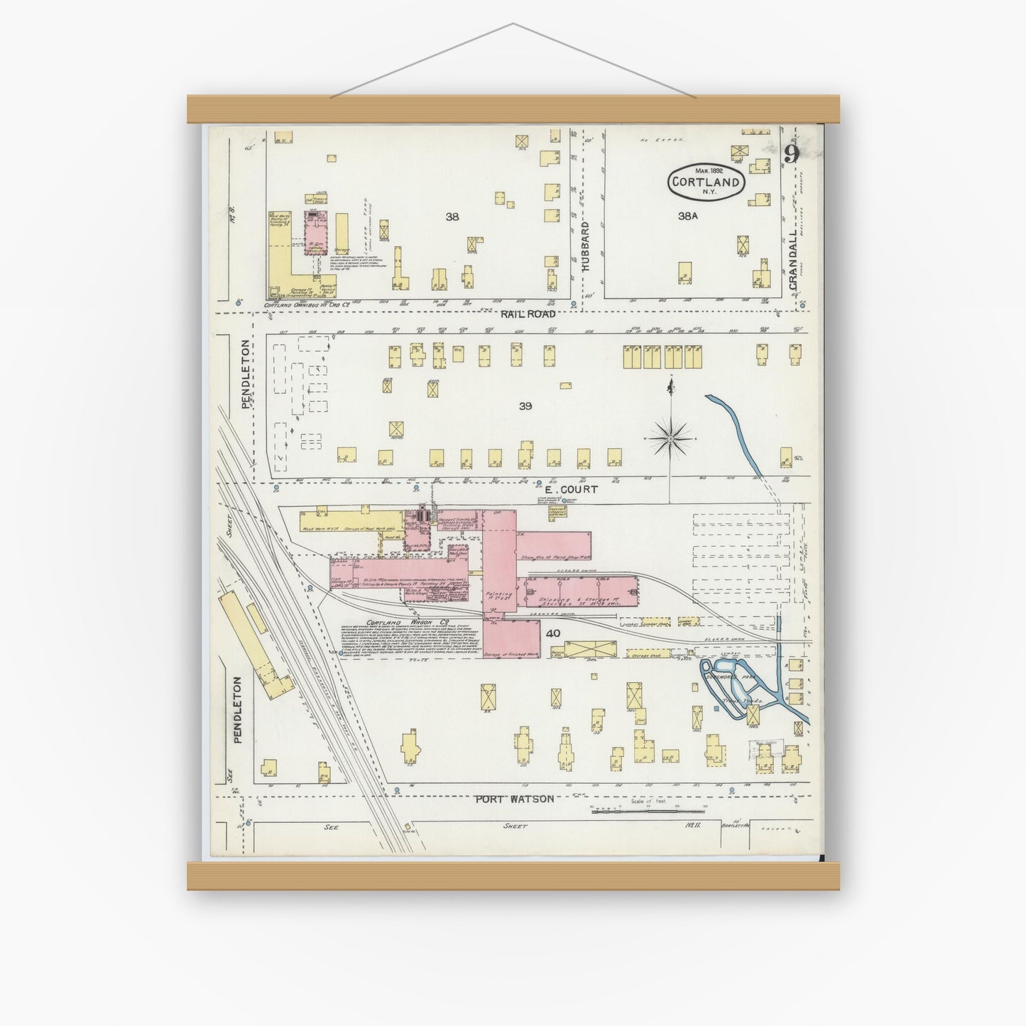 Old map wall art mockup — magnetic wood frame on white wall — Sanborn Fire Insurance Map from Cortland, Cortland County, New York (1892), Sheet #0009