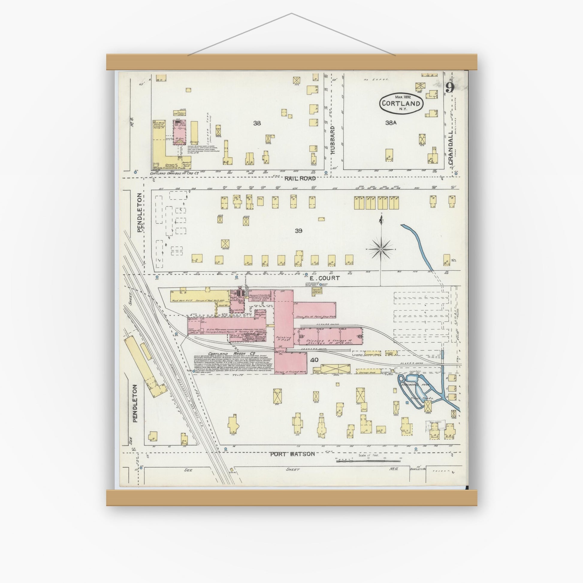 Old map wall art mockup — magnetic wood frame on white wall — Sanborn Fire Insurance Map from Cortland, Cortland County, New York (1892), Sheet #0009