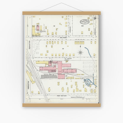 Old map wall art mockup — magnetic wood frame on white wall — Sanborn Fire Insurance Map from Cortland, Cortland County, New York (1892), Sheet #0009