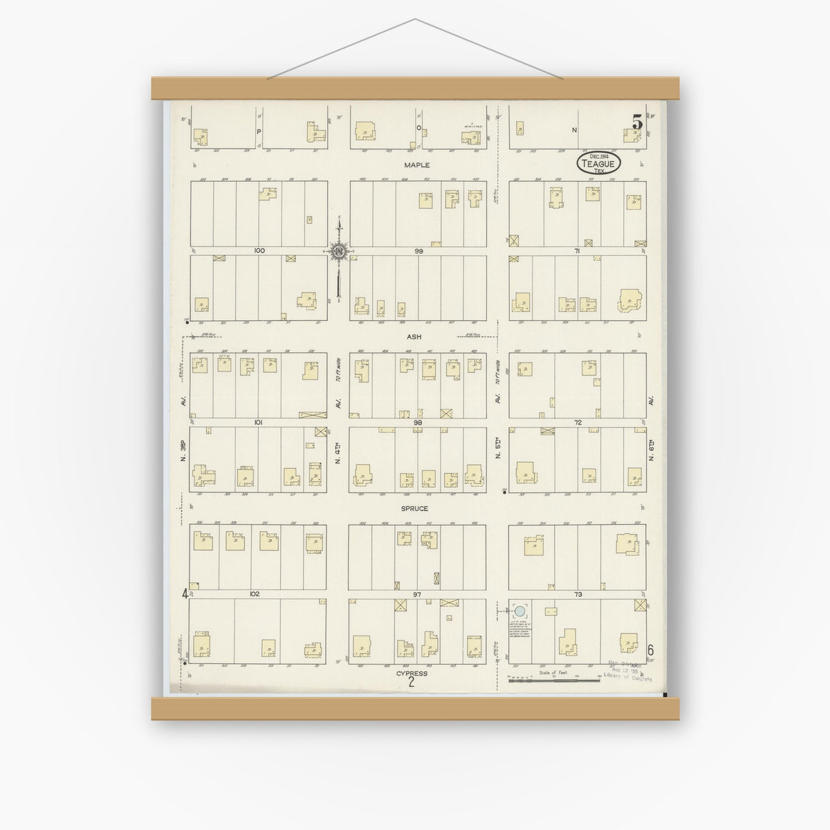 Old map wall art mockup — magnetic wood frame on white wall — Sanborn Fire Insurance Map from Teague, Freestone County, Texas (1914), Sheet #0005