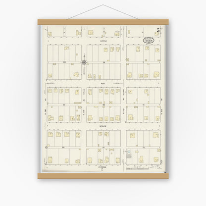 Old map wall art mockup — magnetic wood frame on white wall — Sanborn Fire Insurance Map from Teague, Freestone County, Texas (1914), Sheet #0005