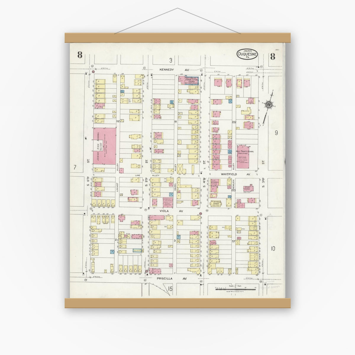 Old map wall art mockup — magnetic wood frame on white wall — Sanborn Fire Insurance Map from Duquesne, Allegheny County, Pennsylvania (1925), Sheet #0008