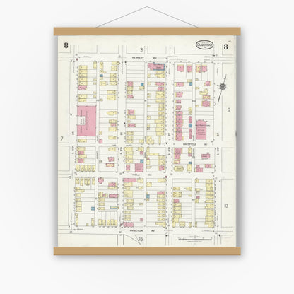 Old map wall art mockup — magnetic wood frame on white wall — Sanborn Fire Insurance Map from Duquesne, Allegheny County, Pennsylvania (1925), Sheet #0008