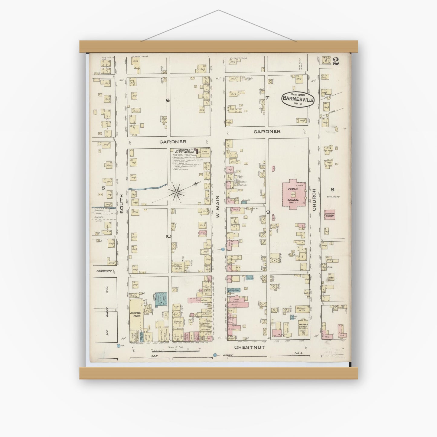 Old map wall art mockup — magnetic wood frame on white wall — Sanborn Fire Insurance Map from Barnesville, Belmont County, Ohio (1885), Sheet #0002
