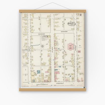 Old map wall art mockup — magnetic wood frame on white wall — Sanborn Fire Insurance Map from Barnesville, Belmont County, Ohio (1885), Sheet #0002