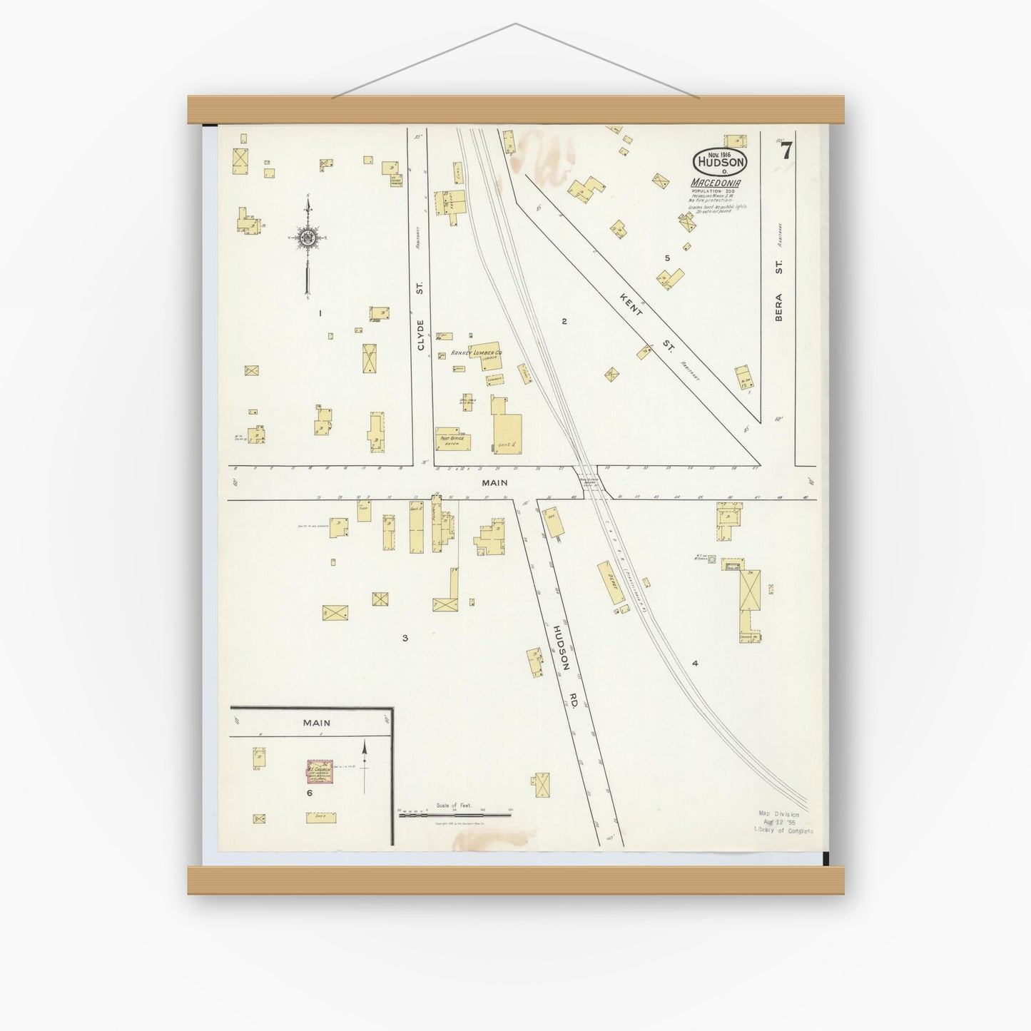 Old map wall art mockup — magnetic wood frame on white wall — Sanborn Fire Insurance Map from Hudson, Summit County, Ohio (1916), Sheet #0007