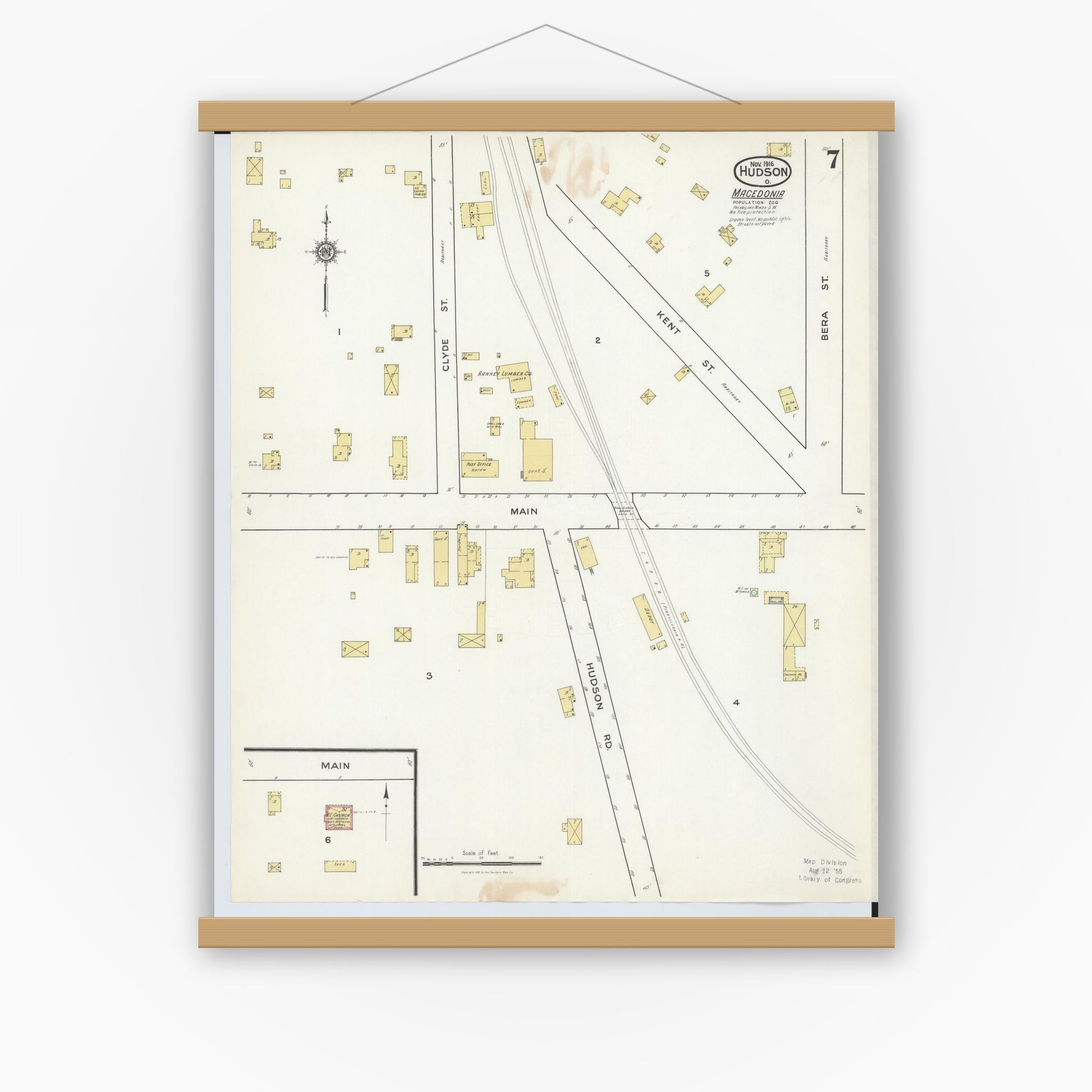 Old map wall art mockup — magnetic wood frame on white wall — Sanborn Fire Insurance Map from Hudson, Summit County, Ohio (1916), Sheet #0007