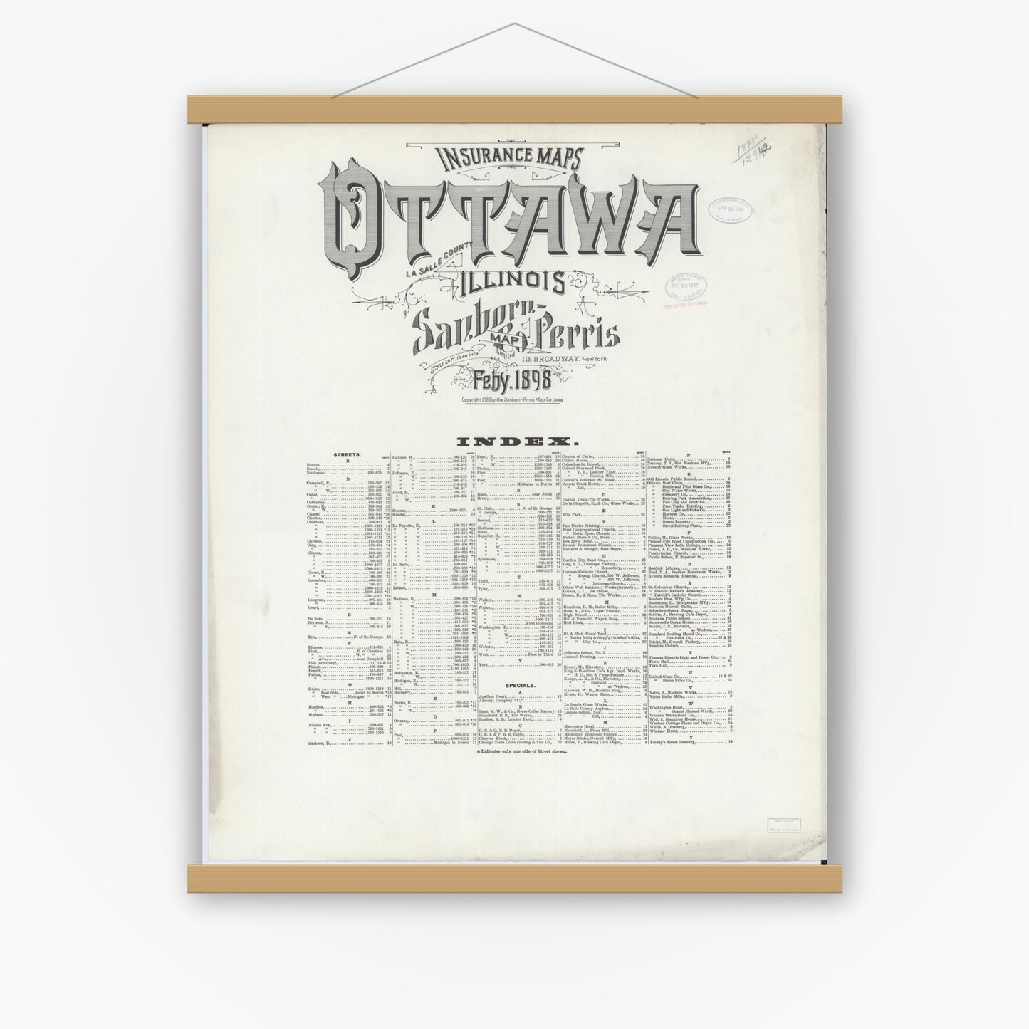 Old map wall art mockup — magnetic wood frame on white wall — Sanborn Fire Insurance Map from Ottawa, La Salle County, Illinois (1898), Sheet #0001