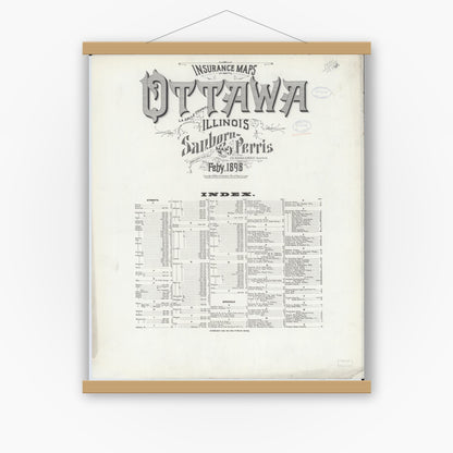 Old map wall art mockup — magnetic wood frame on white wall — Sanborn Fire Insurance Map from Ottawa, La Salle County, Illinois (1898), Sheet #0001