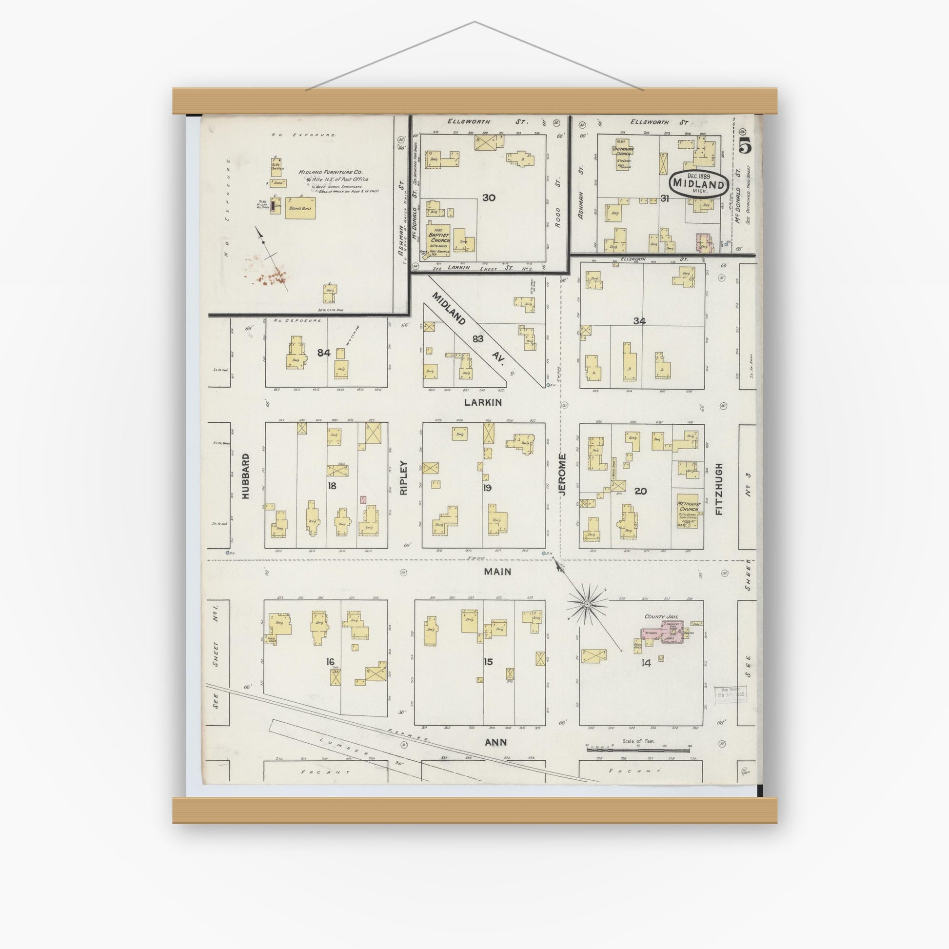 Old map wall art mockup — magnetic wood frame on white wall — Sanborn Fire Insurance Map from Midland, Midland County, Michigan (1889), Sheet #0005