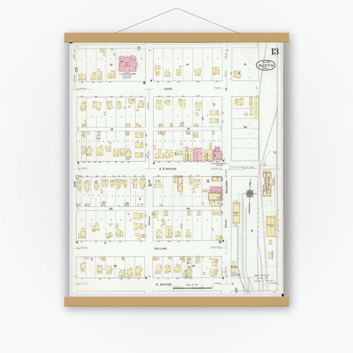 Old map wall art mockup — magnetic wood frame on white wall — Sanborn Fire Insurance Map from Austin, Mower County, Minnesota (1910), Sheet #0013
