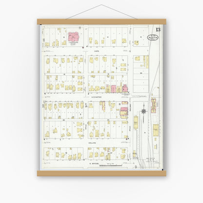 Old map wall art mockup — magnetic wood frame on white wall — Sanborn Fire Insurance Map from Austin, Mower County, Minnesota (1910), Sheet #0013