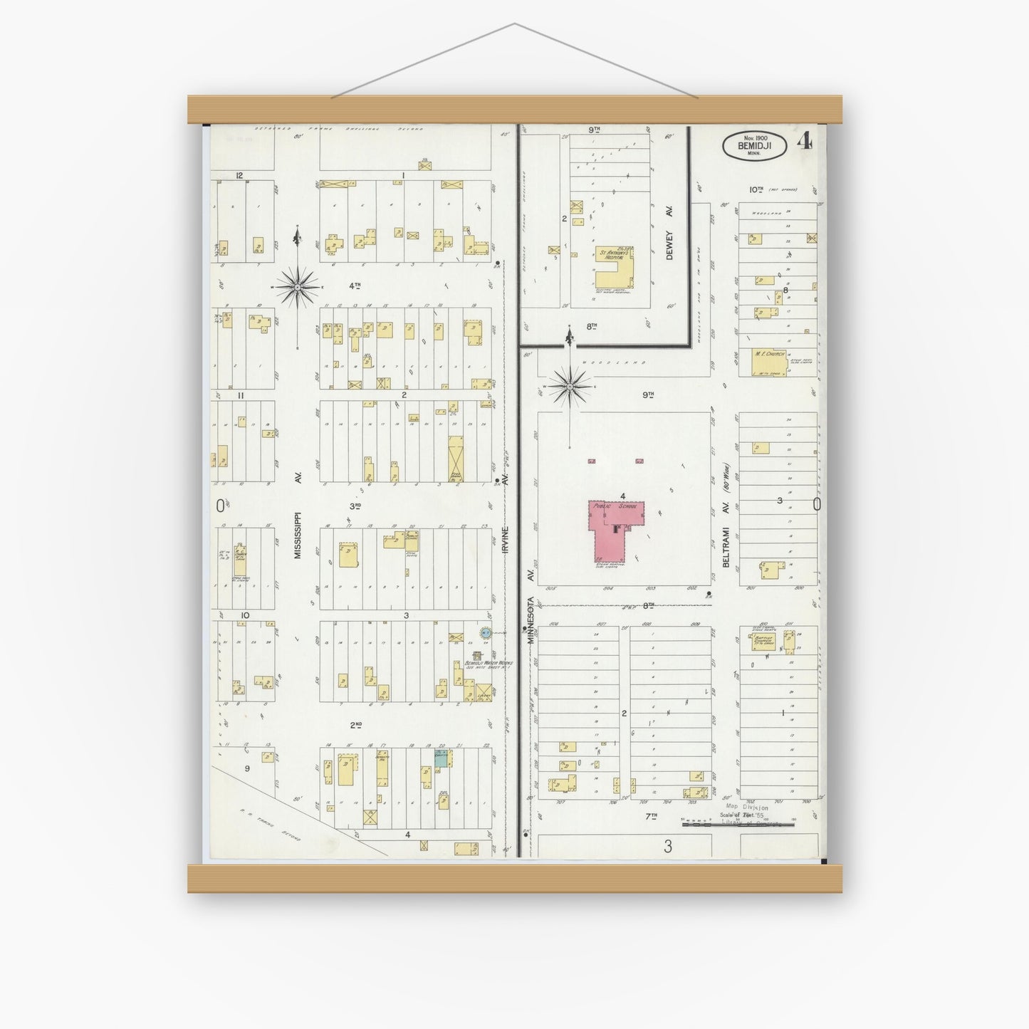 Old map wall art mockup — magnetic wood frame on white wall — Sanborn Fire Insurance Map from Bemidji, Beltrami County, Minnesota (1900), Sheet #0004