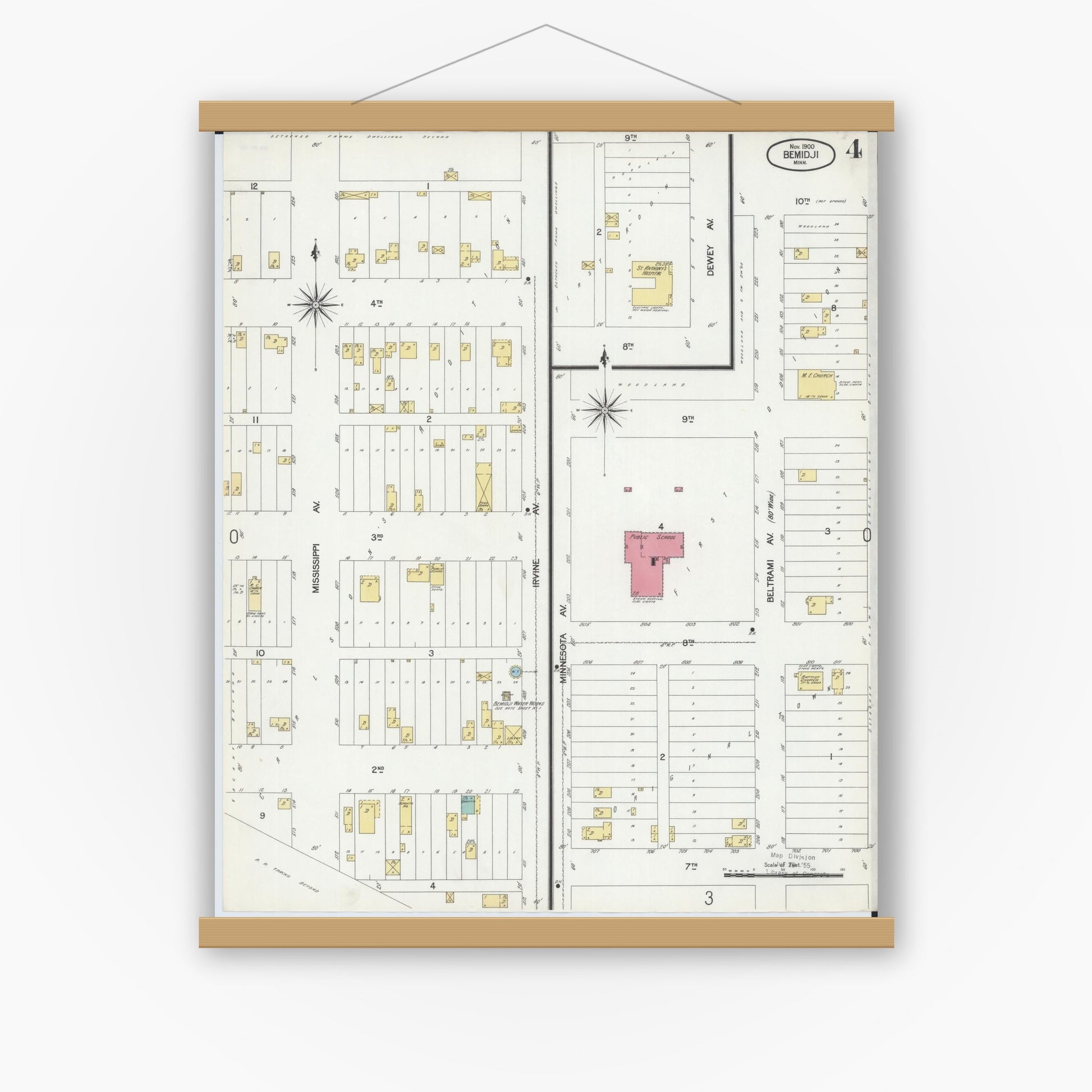 Old map wall art mockup — magnetic wood frame on white wall — Sanborn Fire Insurance Map from Bemidji, Beltrami County, Minnesota (1900), Sheet #0004