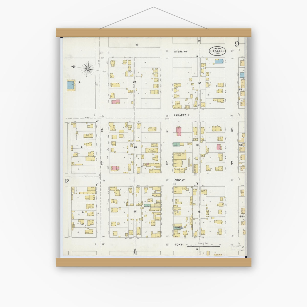Old map wall art mockup — magnetic wood frame on white wall — Sanborn Fire Insurance Map from La Salle, La Salle County, Illinois (1898), Sheet #0009