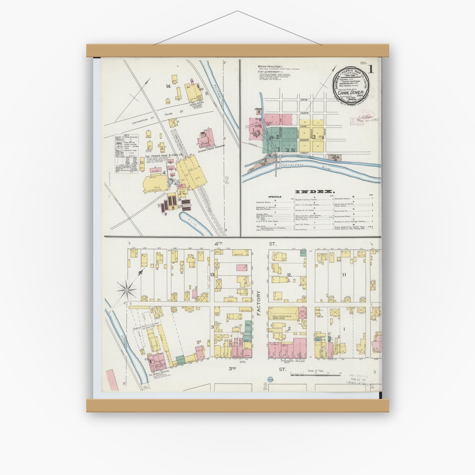 Old map wall art mockup — magnetic wood frame on white wall — Sanborn Fire Insurance Map from Canal Dover, Tuscarawas County, Ohio (1893) - Complete Map Set