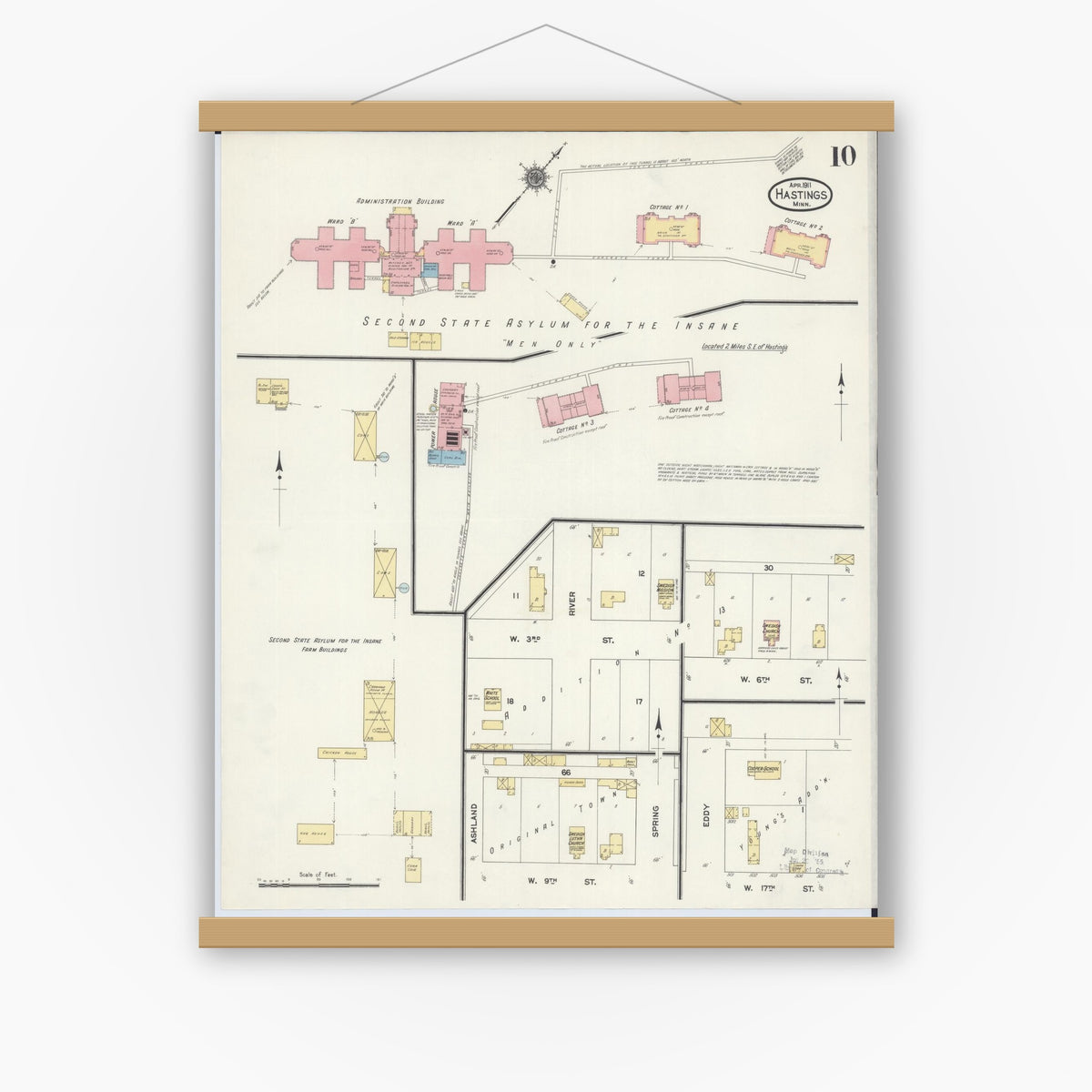Old map wall art mockup — magnetic wood frame on white wall — Sanborn Fire Insurance Map from Hastings, Dakota County, Minnesota (1911), Sheet #0010
