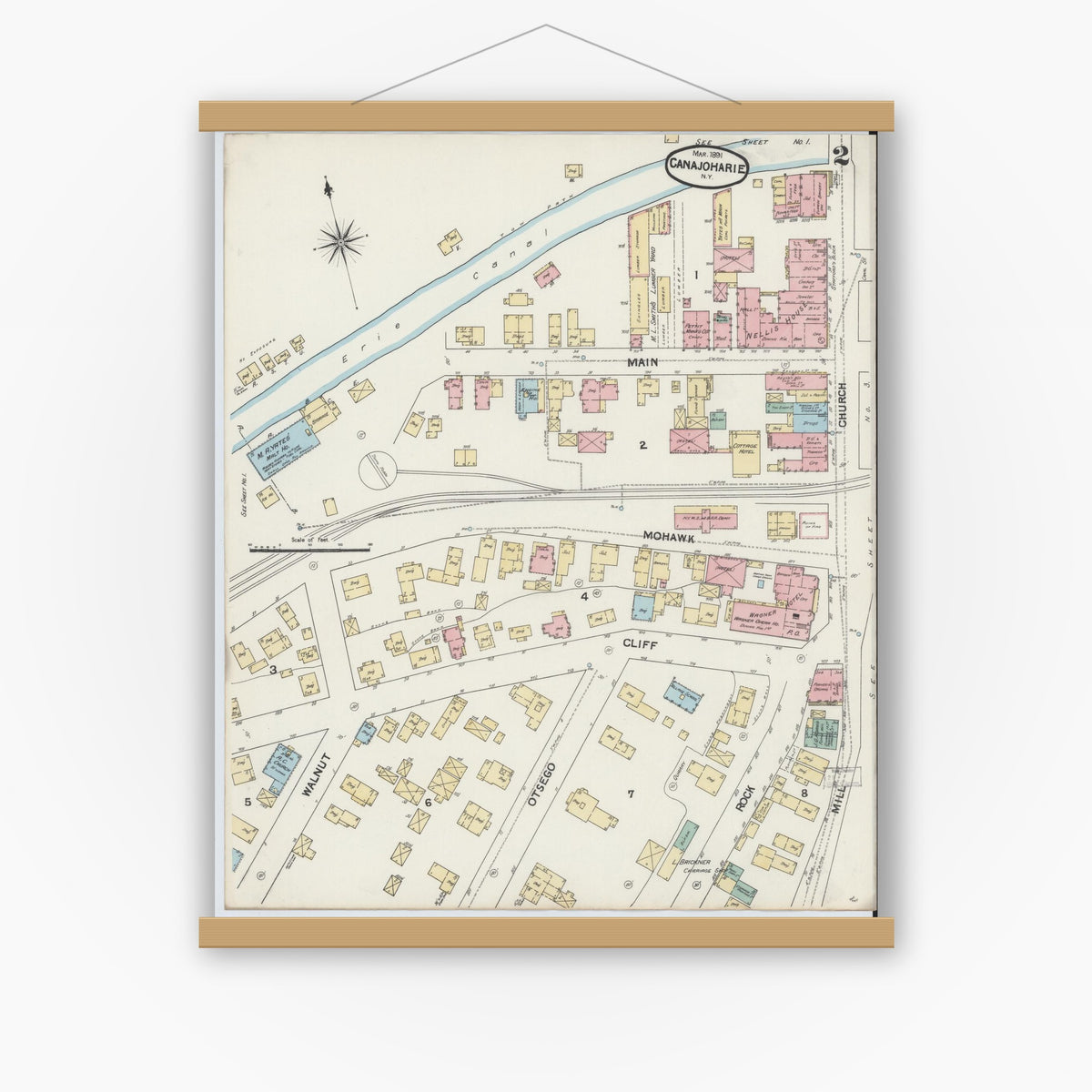Old map wall art mockup — magnetic wood frame on white wall — Sanborn Fire Insurance Map from Canajoharie, Montgomery County, New York (1891), Sheet #0002