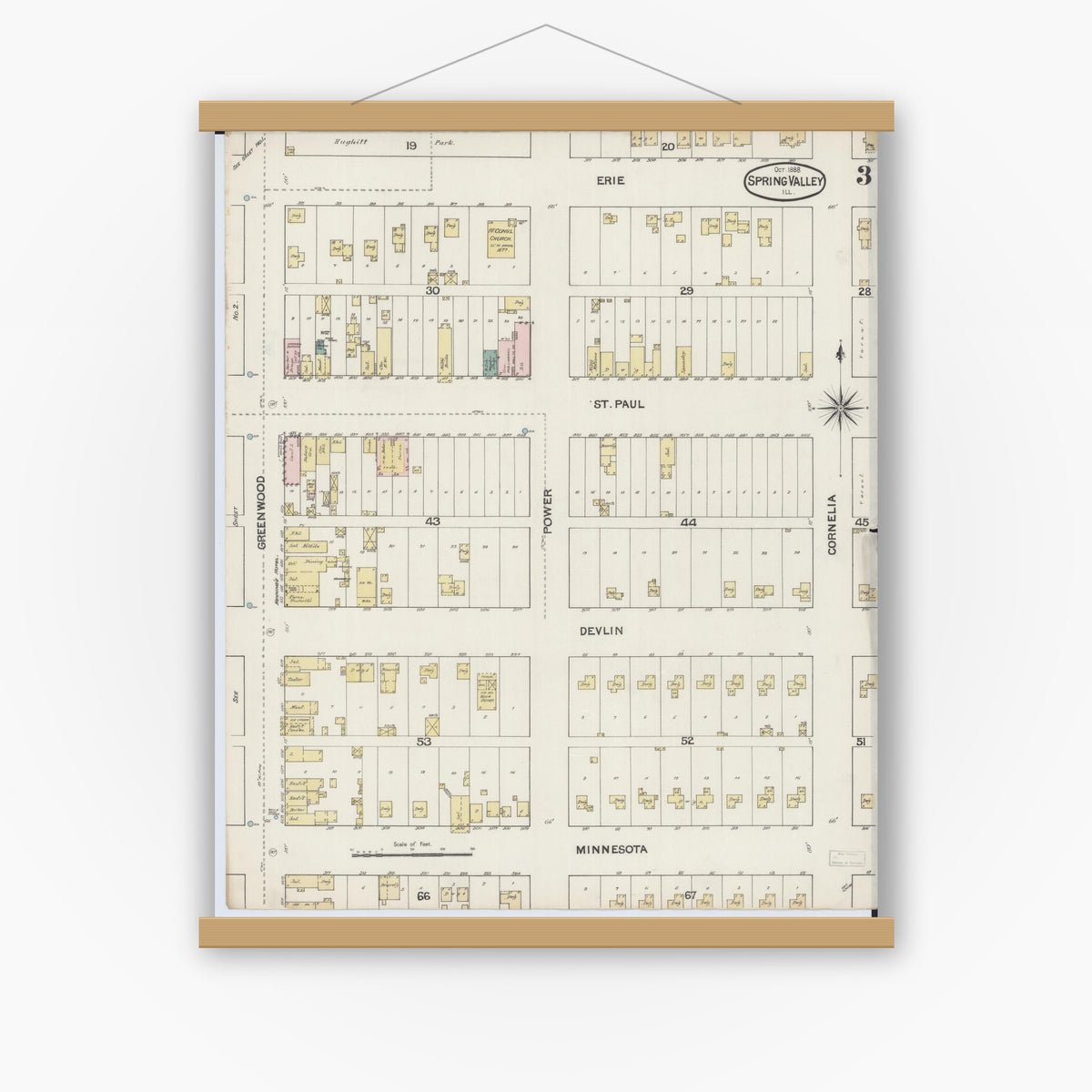 Old map wall art mockup — magnetic wood frame on white wall — Sanborn Fire Insurance Map from Spring Valley, Bureau County, Illinois (1888), Sheet #0003