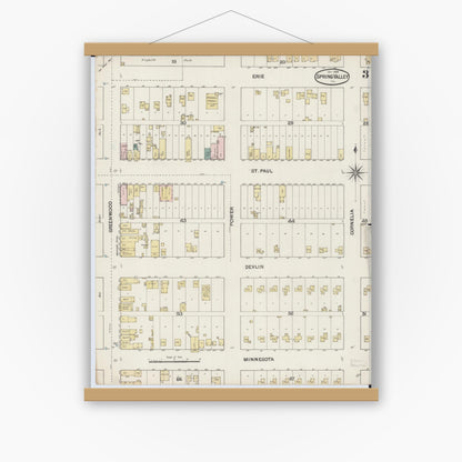 Old map wall art mockup — magnetic wood frame on white wall — Sanborn Fire Insurance Map from Spring Valley, Bureau County, Illinois (1888), Sheet #0003