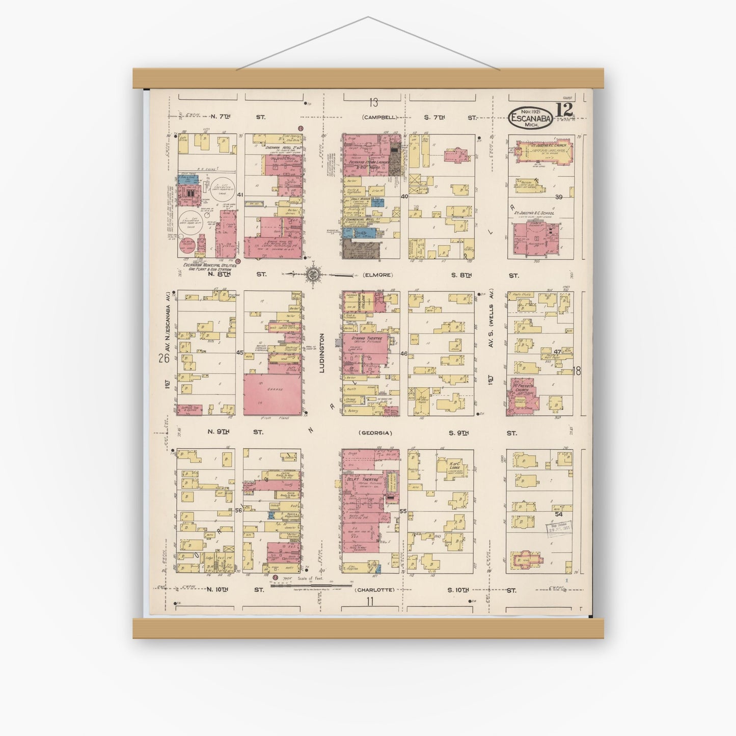 Old map wall art mockup — magnetic wood frame on white wall — Sanborn Fire Insurance Map from Escanaba, Delta County, Michigan (1921), Sheet #0012