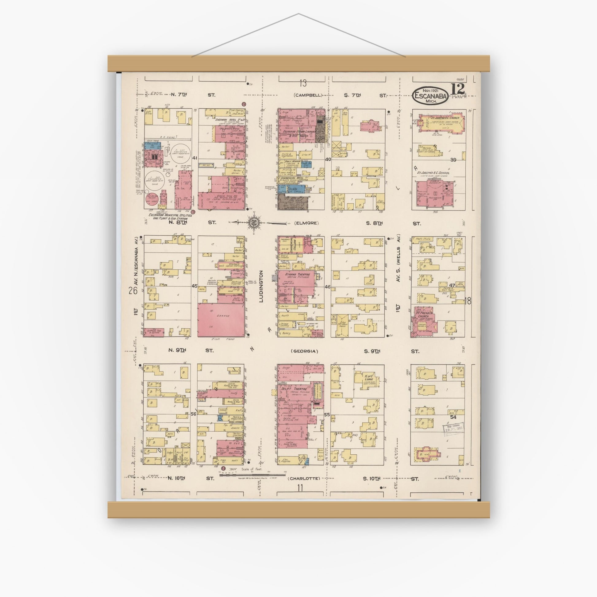 Old map wall art mockup — magnetic wood frame on white wall — Sanborn Fire Insurance Map from Escanaba, Delta County, Michigan (1921), Sheet #0012