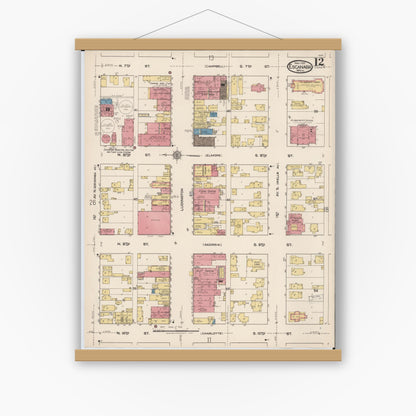 Old map wall art mockup — magnetic wood frame on white wall — Sanborn Fire Insurance Map from Escanaba, Delta County, Michigan (1921), Sheet #0012