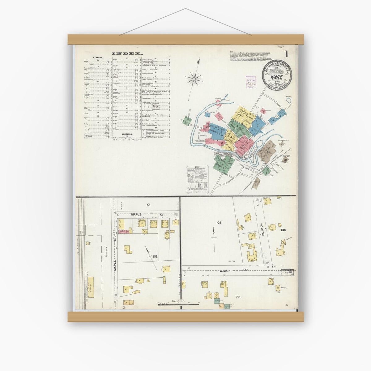 Old map wall art mockup — magnetic wood frame on white wall — Sanborn Fire Insurance Map from Ware, Hampshire County, Massachusetts (1902), Sheet #0001