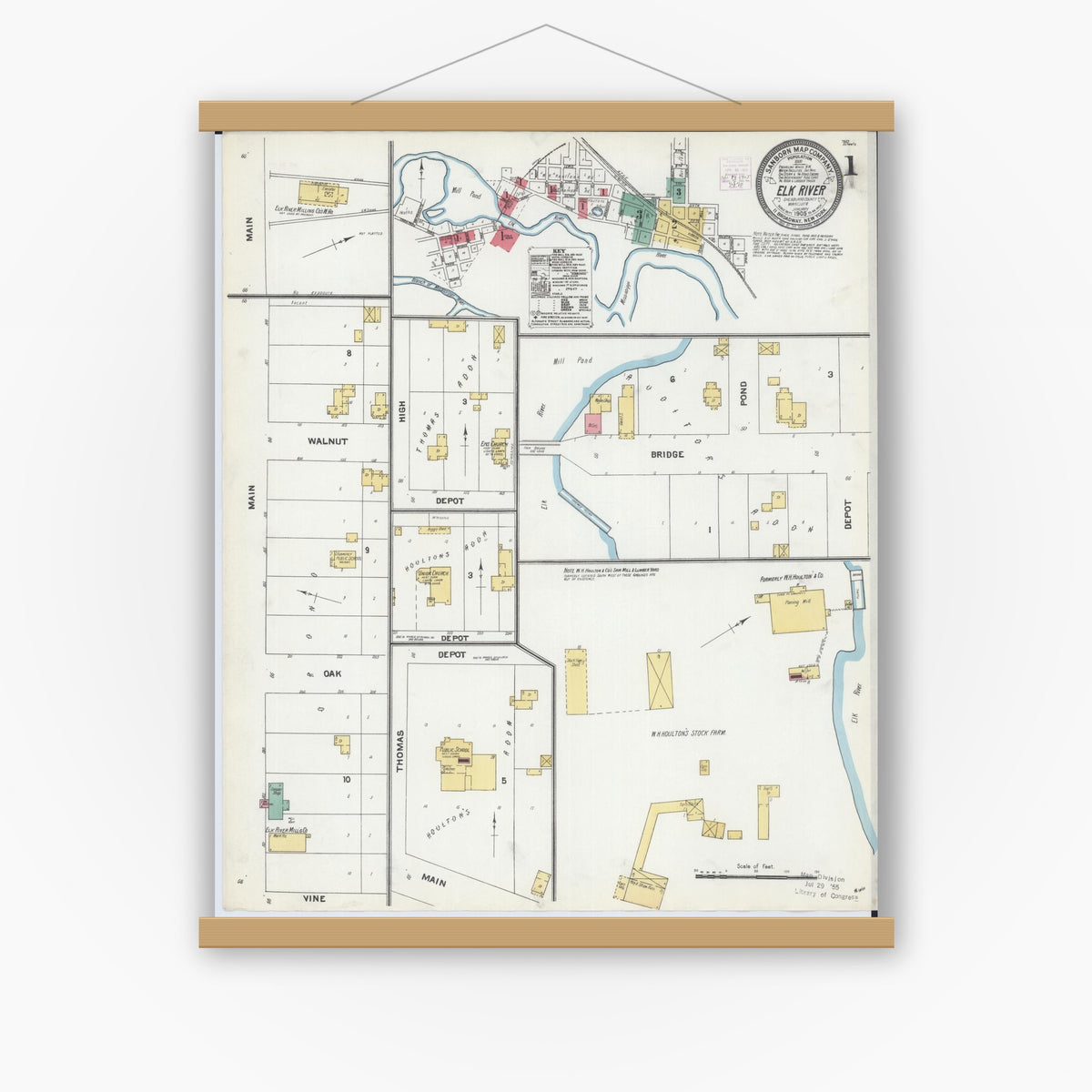 Old map wall art mockup — magnetic wood frame on white wall — Sanborn Fire Insurance Map from Elk River, Sherburne County, Minnesota (1905), Sheet #0001