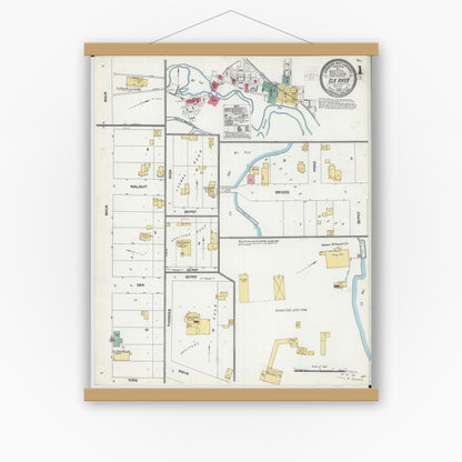 Old map wall art mockup — magnetic wood frame on white wall — Sanborn Fire Insurance Map from Elk River, Sherburne County, Minnesota (1905), Sheet #0001