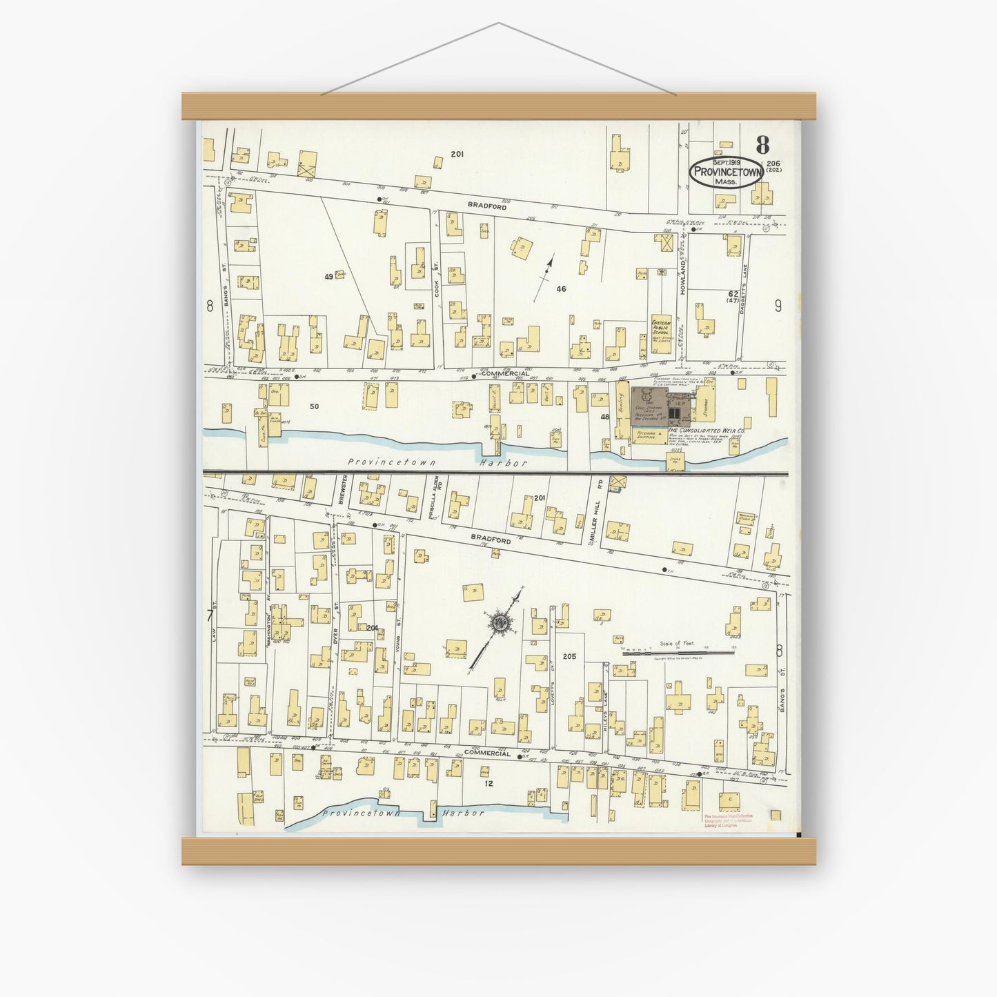 Old map wall art mockup — magnetic wood frame on white wall — Sanborn Fire Insurance Map from Provincetown, Barnstable County, Massachusetts (1919), Sheet #0008